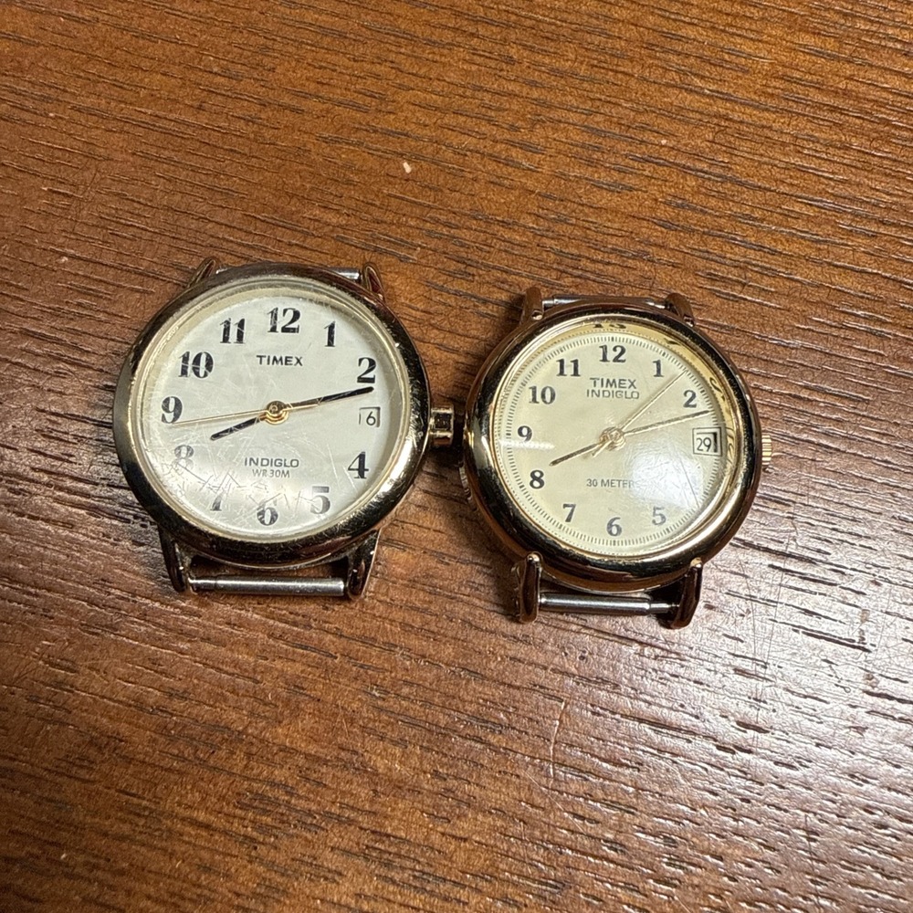 Timex Lot X2 Indiglo Quartz Analog WR 30m Gold Tone White Arabic Dial Date 25mm